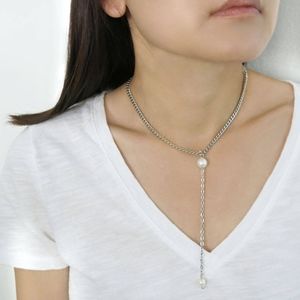 Handmade Modern Faux Pearl Silver Chain Lariat